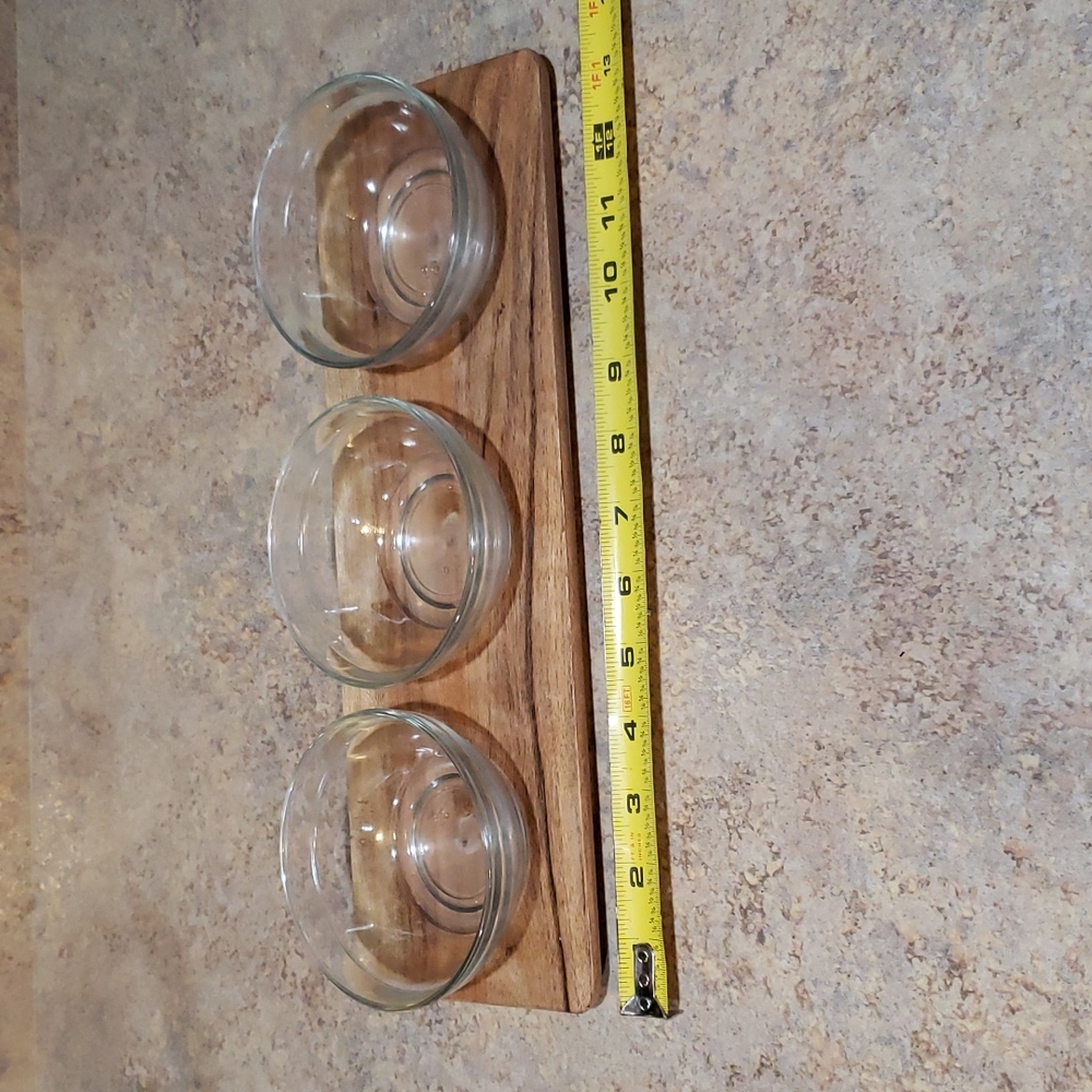 Homemade acacia wood board with 3 glass bowls serving tray NEW
